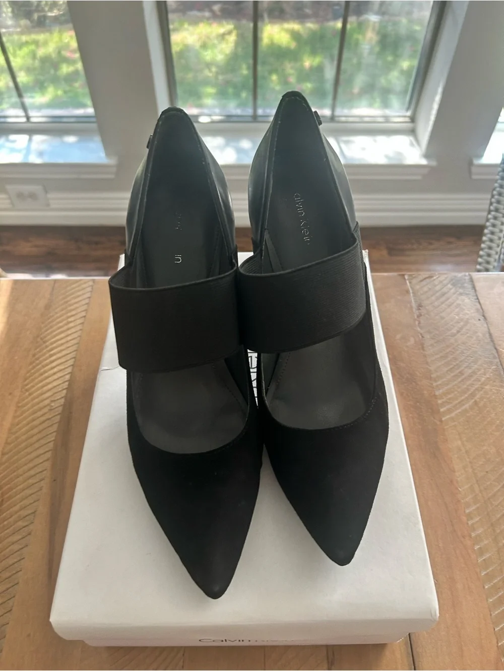 Calvin Klein Black Pointed Toe Stiletto Pumps with Wide Elastic Strap